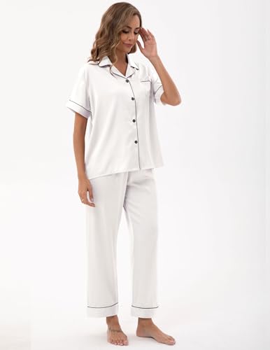 Image of UMBY Silk Satin Pajamas for Women Set 2 Piece button down Soft Silk Pjs Sets Cozy Silky Pajama Short Sleeve