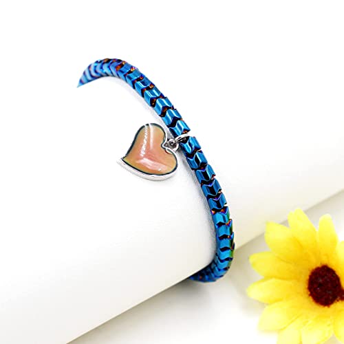Image of A Pair of Gear-shape Hematite Bracelets with Color Changing Thermo Sensitive Mood Heart Charms, Couples Love Heart Bangles Gifts