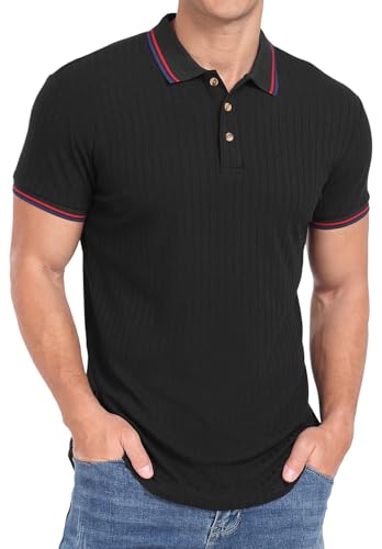 Aimeilgot Mens Short Sleeve T Shirts Knitted Polo Shirts Soft Button Striped Summer Tops Casual Black, XX-Large
