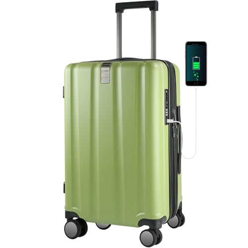 KROSER Hardside Expandable Carry On Luggage with Spinner Wheels & Built-in TSA Lock, Durable Suitcase Rolling Luggage with USB Port, Carry-On 20-Inch, Green