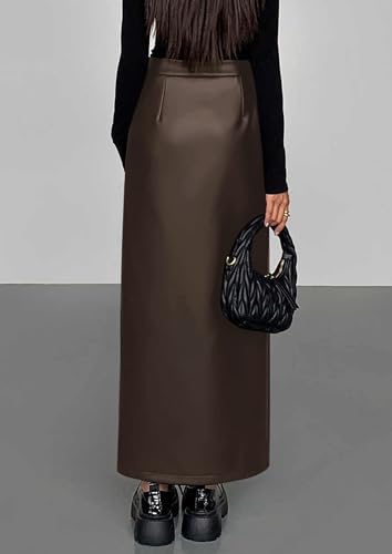 PRETTYGARDEN Womens Faux Leather Skirts 2025 Fall Fashion Bodycon High Waisted Slit Work Office Winter Maxi Long Pencil Skirt