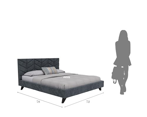 Image of Acacia Modern Upholstered King Size Bed for Bedroom | Wooden Double Bed | Platform Cot Bed with Upholstery Premium Fabric | 6.5 x 6 Ft | Sheesham Solid Wood | Brown, Smoke Grey