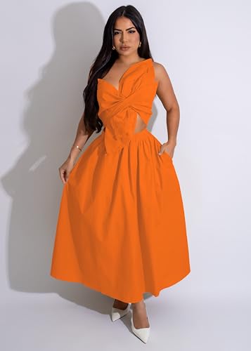 Image of YUEWOO Midi Dresses for Women Casual Summer Sundresses Vacation Outfits Spaghetti Strap Smocked Women Maxi Dress with Pockets