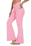 Picture of Flare Crossover Leggings with Pockets for Women 30" High Waisted V Cross Wide Leg Yoga Pants Tummy Control Bootcut Workout Gym Pink XL