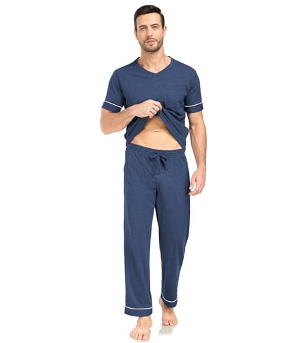 COLORFULLEAF Mens 100% Cotton Pajamas Set Short Sleeve V-Neck Sleepwear Soft Loungewear Pjs with Pockets (Heather Navy,M)3