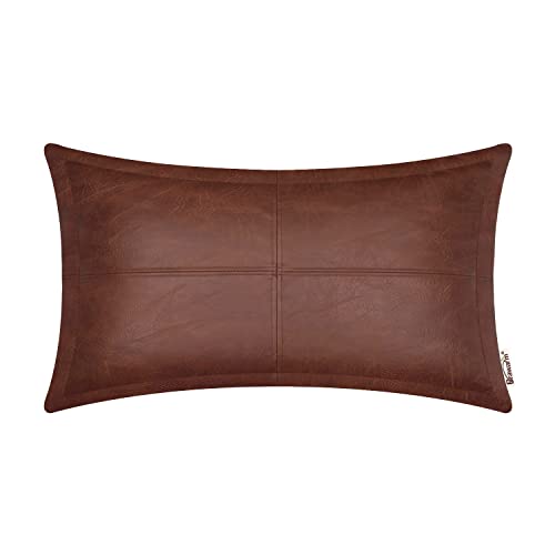 BRAWARM Dark Brown Leather Throw Pillow 12 X 20 Inches, Faux Leather Pillow Cover with Piping, Hand Stitched Leather Decorative Lumbar Throw Pillow Covers for Couch Sofa Bed Living Room Garden
