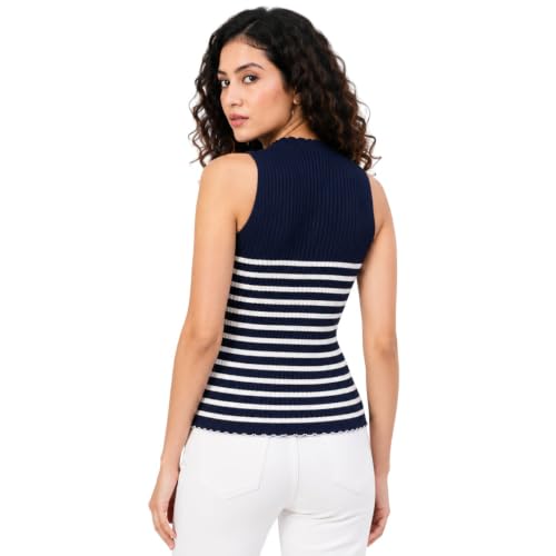 Image of Kalt Womens Knitted, Ribbed Cotton Fitted Sleeveless Round Neck Cami Tank Top