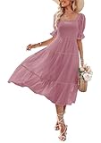 MEROKEETY Women's 2023 Summer Square Neck Puff Sleeve Boho Midi Dress Swiss Dot Ruffle Flowy Tie Back Dress,Purple,M