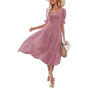 MEROKEETY Women’s 2025 Summer Square Neck Puff Sleeve Boho Midi Dress Swiss Dot Ruffle Flowy Tie Back Dress,Purple,S