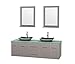 Wyndham Collection Centra 72" Double Bathroom Vanity in Grey Oak, Green Glass Countertop, Altair Black Granite Sinks & 24" Mirrors