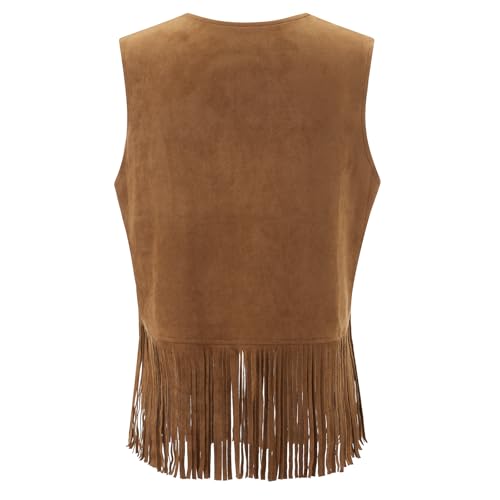 Women Fringe Vest 70s Hippie Faux Suede Rivets Sleeveless Tassel Waistcoat Boho Western Jacket Cardigan3