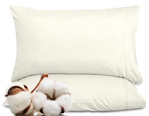 Image of ROYALE LINENS 300 Thread Count 100% Long Staple Combed Cotton Pillowcases Set of 2 - Ultra Soft - Queen Bed Pillow Cover - 20 inchx30 inch - Breathable, Cool & Crisp Percale White Pillow Cases (Queen, Ivory)