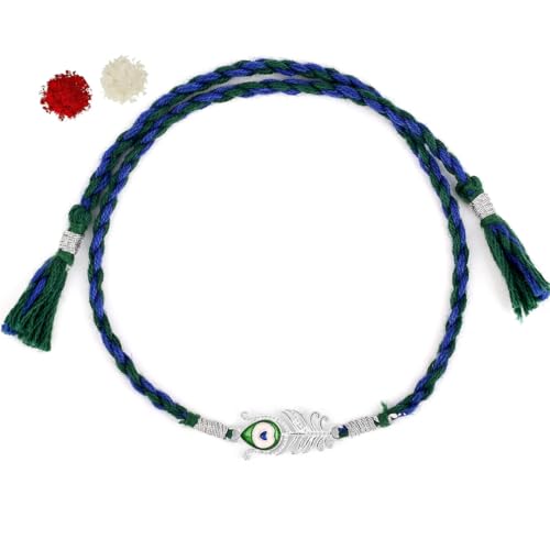 Image of ROOVI Pure 925 Sterling Silver Rakhi for Bhai with Roli Chawal | Chandi Ki Rakhi Original | Krishna Morpankh, Trishul, Ganesh, Ram, Om, Evil Eye, Infinity Rakhi for Brother With Certificate