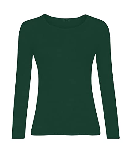 KATSSI Women’s Ladies Long Sleeve Stretch Plain Round Scoop Neck T Shirt Top SM Bottle Green