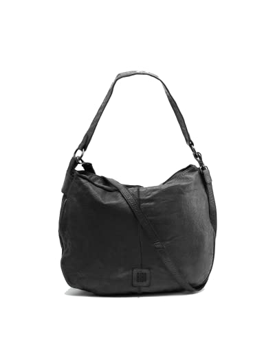 BIBA Bolso de Mujer de Cuero Genuino, Bolso Boho Heritage Boston BT17, Asa Corta y Larga, Cierre con Cremallera, Piel Bovina Legítima, Color Negro