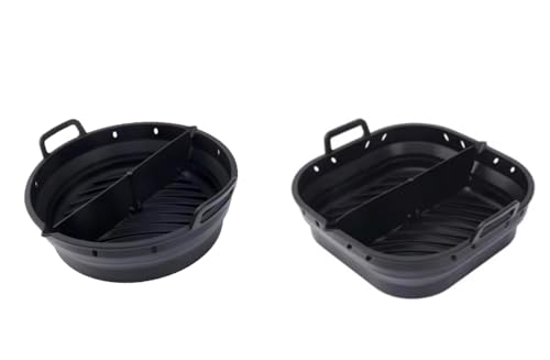 Memoaade Reusable Silicone Air Fryer Liner –2pcs (Round+Square), Collapsible, Oil-Draining Design, Food-Grade, Non-Stick, Heat Resistant, Dishwasher Safe – Fits 5–8 QT Baskets (black) by memoaade - Used condition - US$11.51