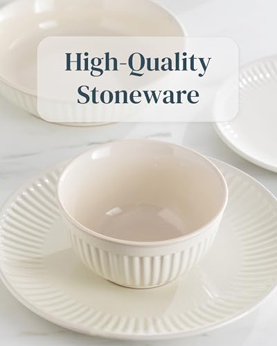 Image of Stoneware Dinnerware Set for 4 People HYGGE 16-Piece - Elegant Scandi Design - Premium Dish Set - Bowl and Plate Set - Tableware for 4 People in a Ribbed Design - Pure Living in Beige