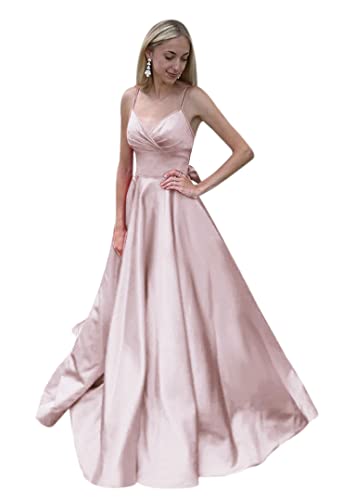 Mojing Women's Classical Long A Line Prom Dress Spaghetti Straps V Neck Satin Formal Evening Party Gown with Pockets Nude Pink US 20W