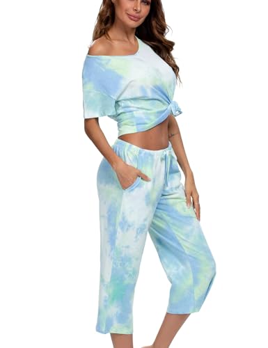 Image of ENJOYNIGHT Women Tie Dye Pajama Set Short Sleeve Top with Capri Pants Pjs