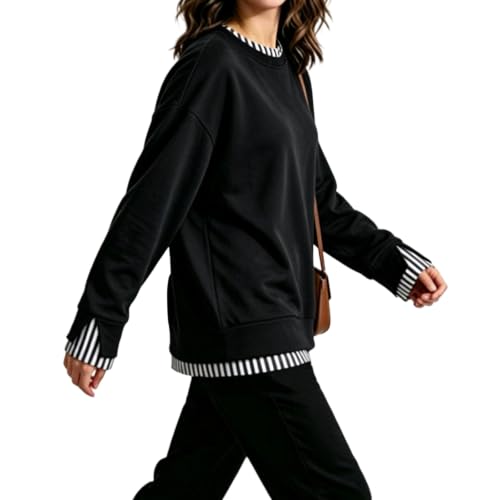Women Striped Fake Two Piece Crew Neck Long Sleeves 2 in 1 Pullover Tops - image 4