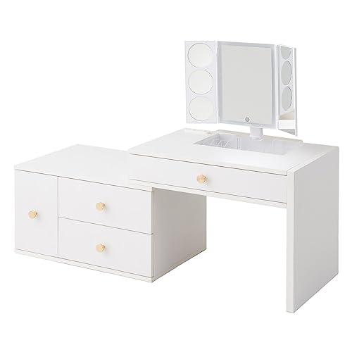 EMOOR Extendable Vanity Table for Floor Sitting White, Trifold 3 Way Makeup Mirror with LED Light and Outlets