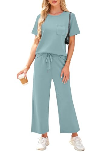 Image of WIHOLL 2 Piece Sets for Women Casual Summer Travel Vacation Outfits Short Sleeve Wide Leg Crop Pants Lounge Sets