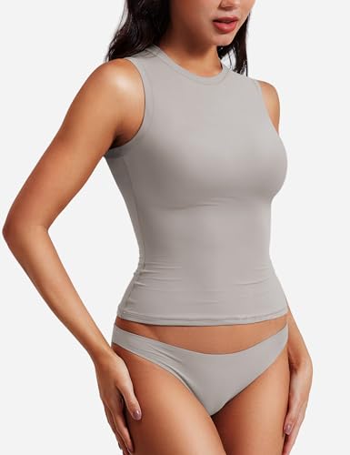 Image of YEOREO Women Basic Mock Neck Workout Crop Top Sleeveless Double Lined Tank Tee Slim Fitted Ruched Going Out Camisole
