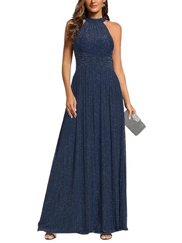 Image of Ever-Pretty Women's Glitter Halter Sleeveless Formal Dresses Evening Gowns Pleated A-line Wedding Guest Dress 41961