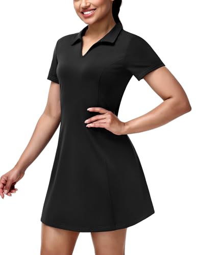 Mier Golfing Dresses For Women -V Neck Short Sleeve Golf Polo Dress With Pocket For Casual Sports, 4-Way Stretch, Black, L