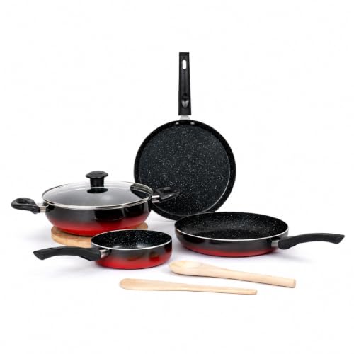 Image of Kreme Aura Granite Non Stick Cookware Set 7pcs | Aluminium Cookware Set | Non Stick Flat Tawa, Fry Pan, Sauce Pan, Kadhai with Glass Lid | Uses Less Oil | Induction Gas Stove Compatible, Red
