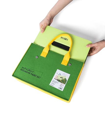 Image of HIMI - Gouache Paint - Gift Set with Bag - includes 12g Twin Cup set 72 colours | Palette | Painting Pointed Knife | Foldable water Bucket | Gouache Paper Pad 50 Pages - Green Apple Plastic Case