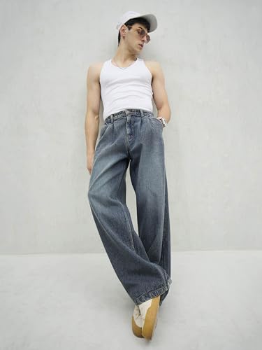 Image of MASCLN SASSAFRAS Blue Washed Front Dart Wide Leg Jeans