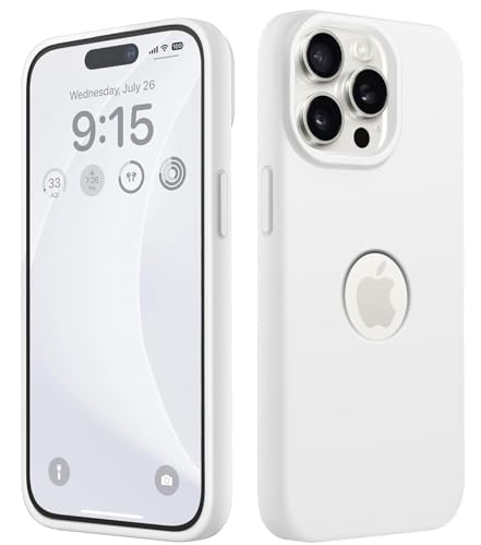 Image of VONZEE Microfiber Logo Cut Cover Compatible for iPhone 15 Pro Case Liquid Silicone Cases Non-Slip Full Body Protective Covers Shockproof Back Cover with High Raised Camera (6.1 inch, White)