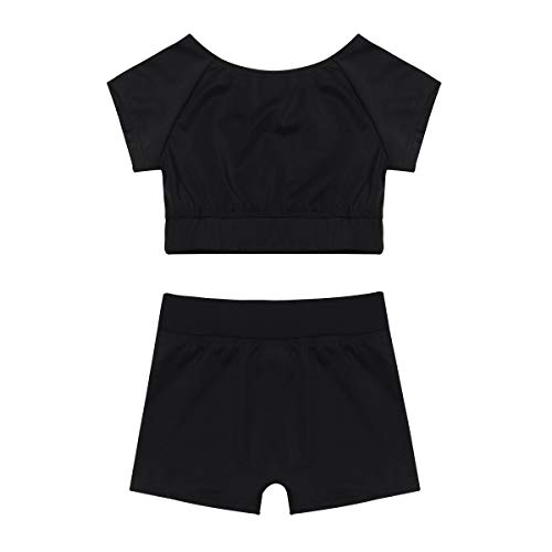 Girls Short Sleeve Two Piece Athletic Sports Outfit Ballet Dance Sports Bra Crop Top with Shorts Bottom Set3