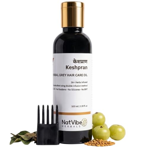 Image of Keshpran Grey Hair Oil for Men & Women | Supports Premature Grey Hair Care, Hair Nourishment & Scalp Health | With 26+ Ayurvedic Herbs | Herbal Hair Oil | 100ml