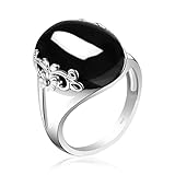 DALEGEM Natural Black Obsidian Onyx Agate Crystal Stone Ring for Women,S925 Sterling Silver Real Genuine Quartz Gemstone Turkey Ring Jewelry (Stone_D, 8)