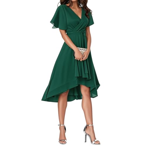 Minetom Robe De Soirée Femme A Line High Low Col V Manches Courtes pour Mariage Invité Mousseline Plissé Dress A Vert M