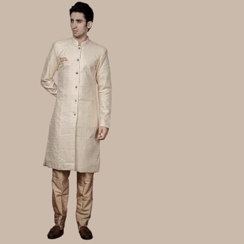 Image of Amzira Men's Soft Cotton Indo Western Kurta Pyjama Set with Mandarin Collared Neck Long Sleeves Button Closure and Solid Pant