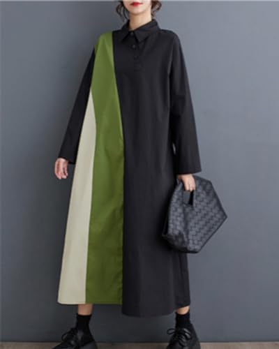 Image of ellazhu Womens Fall Casual Patchwork Funky Long Sleeve Designer Dress Loose Blouse GY2787 A