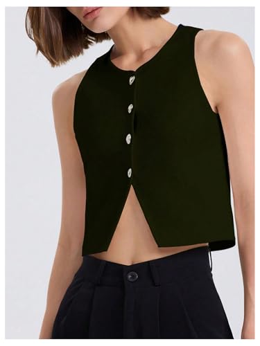 Image of SHENHE Women's Knit Vest Top Button Up Sleeveless Crew Neck Cropped Sweater Vest Tank Dark Green Medium