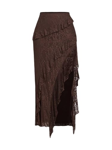 Milumia Women's Lace Ruffle Trim Skirt High Waisted Split Hem Asymmetrical Maxi Skirts