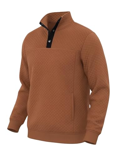 TUREFACE Mens Fashion Quilted Sweatshirt 1/4 Button Mock Neck Long Sleeve Knit Sweater Causal Comfortable Pullover Warm Clothes,Buff,M