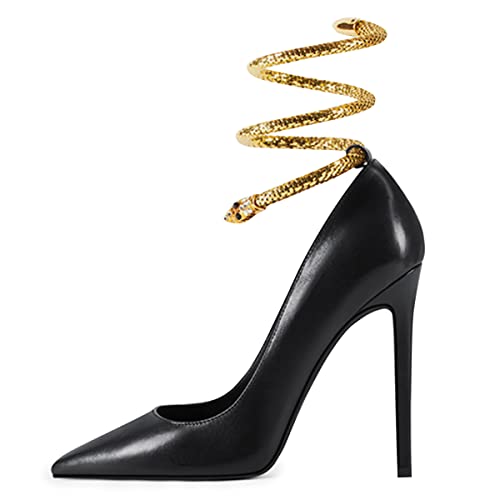 FSJ Women's Sexy High Heels Pointed Toe Stilletos Pumps with Gold Metal Snake Spiral Around The Ankle Heeled Dress Party Pumps Shoes Size 4-15 US4