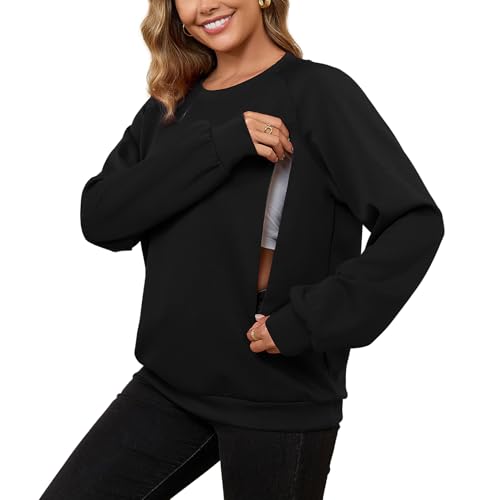 DEBELLY Stillfreundliches Sweatshirt zum Stillen für Damen, Doppelreißverschluss, Still-Top, langärmelig, Rundhalsausschnitt, Freizeitkleidung, Schwarz, M