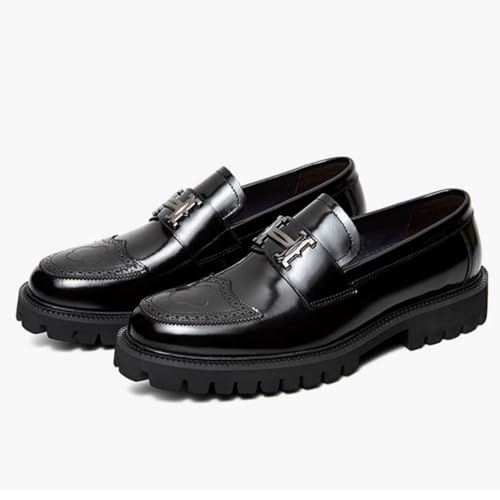 Men's Fashion Brogue Leather Lug Sole Loafers,Round Toe Platform Comfort Slip on Dress Shoes4