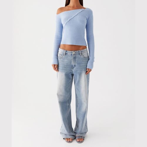 Image of Women Off Shoulder Long Sleeve Sweater Y2K Ribbed Knit Pullover Solid Crop Top Going Out Boat Neck Blouse