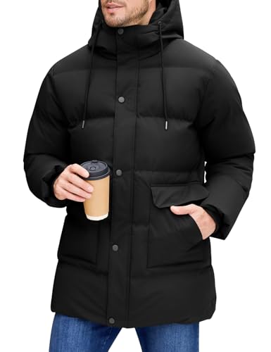 Xnova Abrigo Largo de Invierno para Hombre, Chaqueta Acolchada con Capucha Térmica Resistente Cálido Casual Parka Cazadora Prueba de Viento con Bolsillos (Negro, XL)