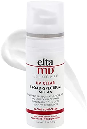 EltaMD UV Clear SPF 46 Face Sunscreen, Broad Spectrum Sunscreen for Sensitive Skin and Acne-Prone Skin, Oil-Free Mineral-Based Sunscreen Lotion with Zinc Oxide, Dermatologist Recommended, 1.7 oz Pump