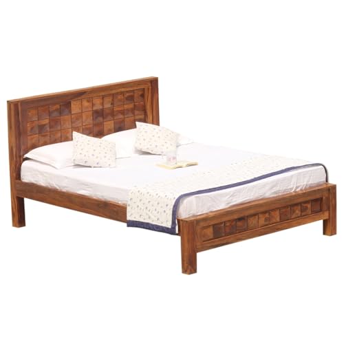 Image of Diomond Sheesham Wood Queen Size Bed Without Storage (84x62 Inch) | Wooden Double Bed Cot for Bedroom Furniture | Modern Palang Design for Home & Hotels | Honey Finish