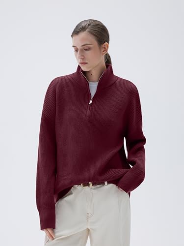 Image of SUUKSESS Women Cashmere Blend Oversized Quarter Zip Pullover Sweater Long Sleeve Collared Ribbed Knit Jumper Tops